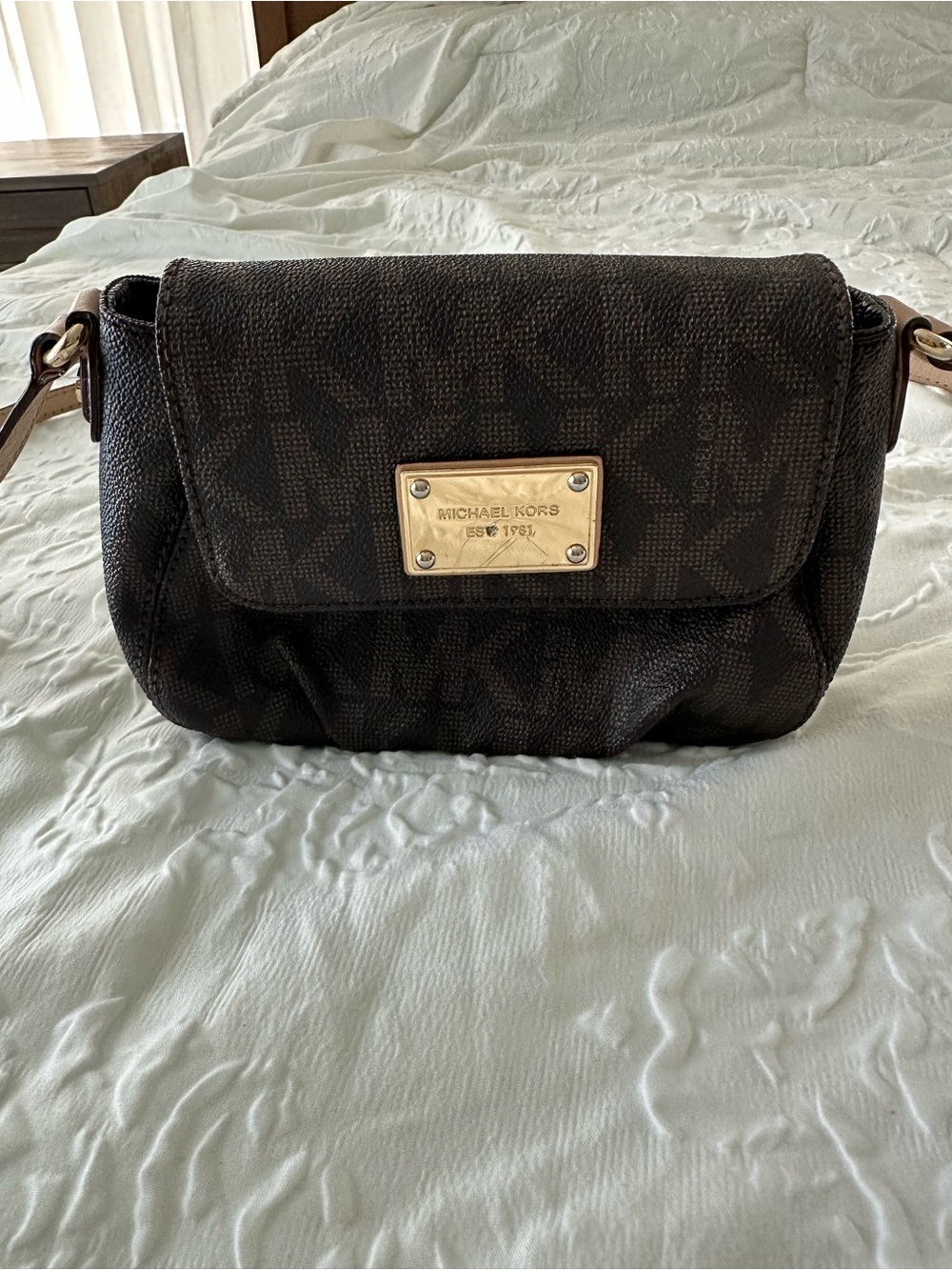Michael Kors Dark Brown Logo Crossbody Bag with Gold Plaque
